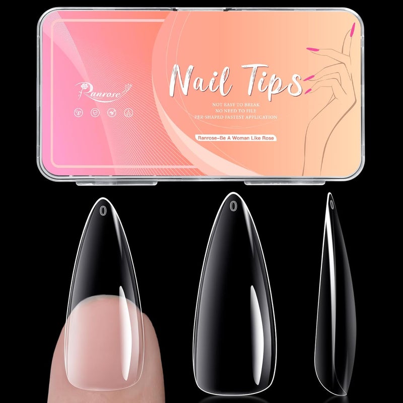 ranrose Long Almond Nail Tips 240pcs Stiletto Soft Gel False Nails 12 Sizes Clear Full Cover Almond Shaped Press on Nail for Nail Extensions - Image 1